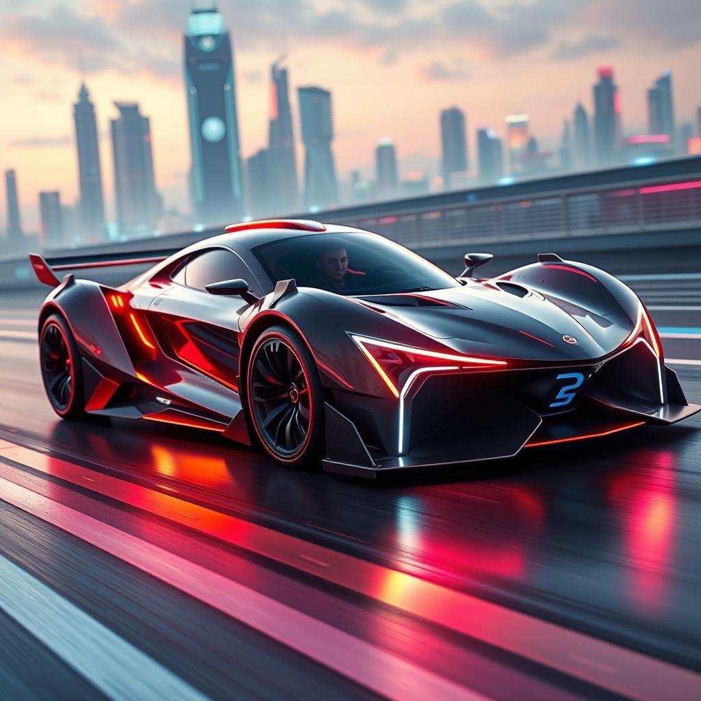 A high-performance futuristic racing car with a streamlined body, vivid neon accents, and hyper-advanced specifications