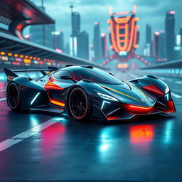 A high-performance futuristic racing car with a streamlined body, vivid neon accents, and hyper-advanced specifications