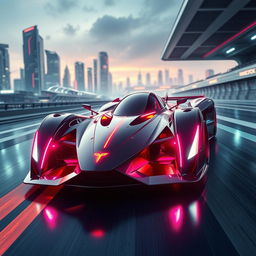 A high-performance futuristic racing car with a streamlined body, vivid neon accents, and hyper-advanced specifications