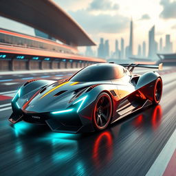 A high-performance futuristic racing car with a streamlined body, vivid neon accents, and hyper-advanced specifications