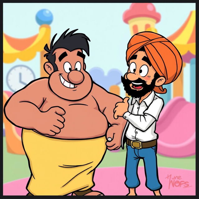 A cartoon scene featuring Bufford spanking Baljeet, depicted humorously in the style of a comic illustration