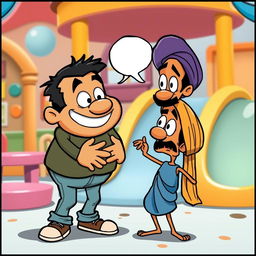 A cartoon scene featuring Bufford spanking Baljeet, depicted humorously in the style of a comic illustration