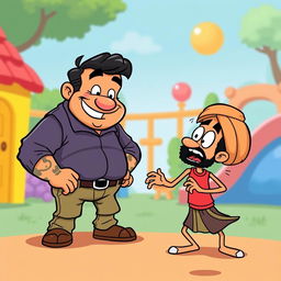 A cartoon scene featuring Bufford spanking Baljeet, depicted humorously in the style of a comic illustration