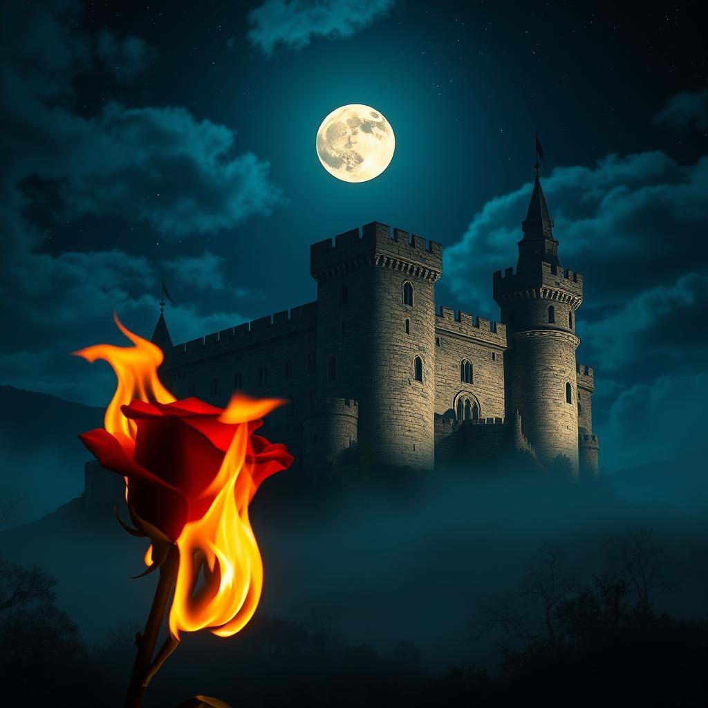 A burning rose with vibrant flames in the foreground, set against a grand castle illuminated by the glow of a full moon in the night sky