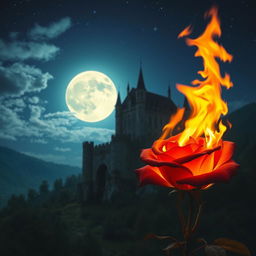 A burning rose with vibrant flames in the foreground, set against a grand castle illuminated by the glow of a full moon in the night sky