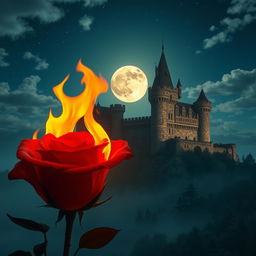 A burning rose with vibrant flames in the foreground, set against a grand castle illuminated by the glow of a full moon in the night sky