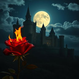 A burning rose with vibrant flames in the foreground, set against a grand castle illuminated by the glow of a full moon in the night sky