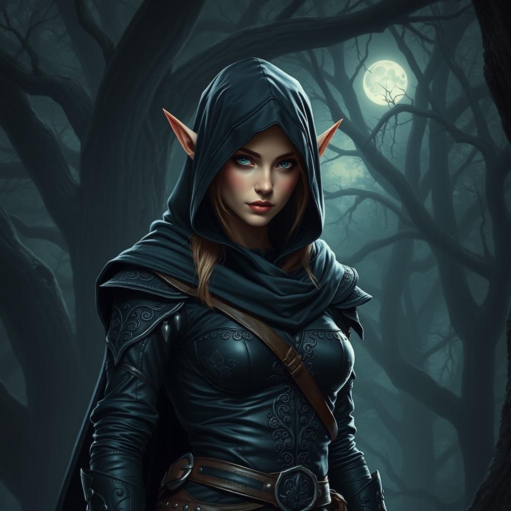 A mysterious and agile elf rogue dressed in dark, stealthy attire