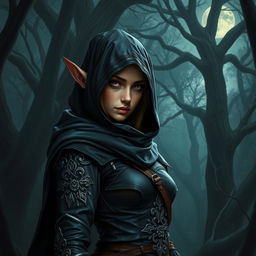 A mysterious and agile elf rogue dressed in dark, stealthy attire