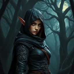 A mysterious and agile elf rogue dressed in dark, stealthy attire