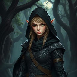 A mysterious and agile elf rogue dressed in dark, stealthy attire