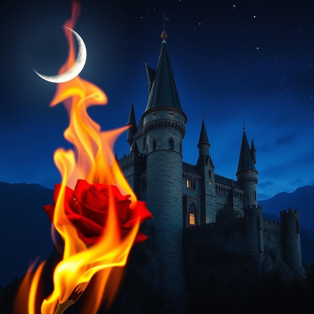 A burning rose with vibrant, fiery flames in the foreground, set against a majestic castle