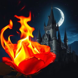 A burning rose with vibrant, fiery flames in the foreground, set against a majestic castle