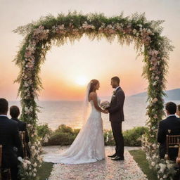 A picturesque wedding ceremony under a floral archway, with the adoring gaze of the ideal man, dressed impeccably in a sharp black suit. The backdrop is a stunning sunset over a peaceful outdoor location.