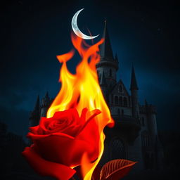 A burning rose with vibrant, fiery flames in the foreground, set against a majestic castle