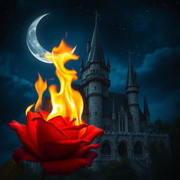 A burning rose with vibrant, fiery flames in the foreground, set against a majestic castle