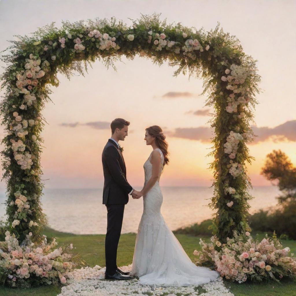 A picturesque wedding ceremony under a floral archway, with the adoring gaze of the ideal man, dressed impeccably in a sharp black suit. The backdrop is a stunning sunset over a peaceful outdoor location.