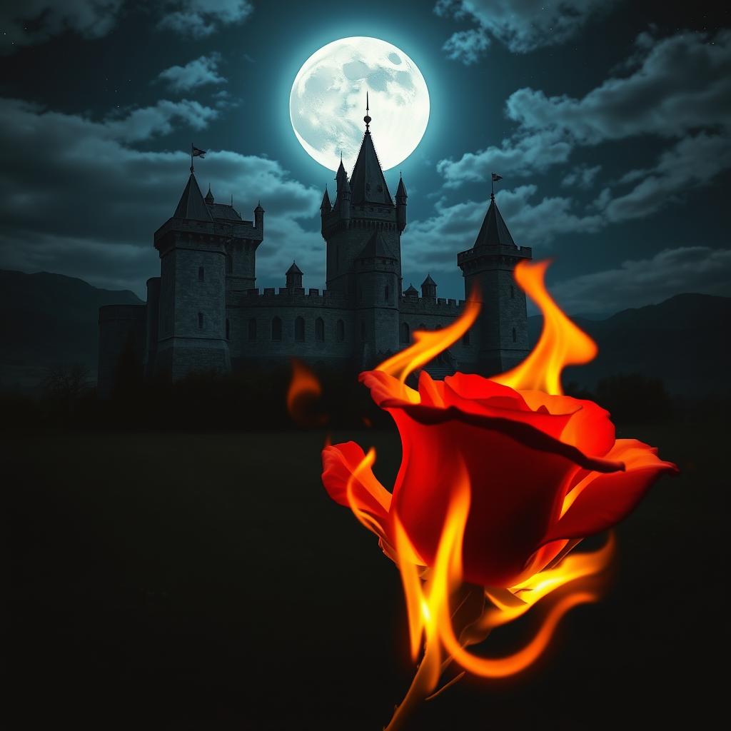 A burning rose with vibrant flames in the foreground, set against a grand castle illuminated by the glow of a full moon in the night sky