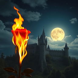 A burning rose with vibrant flames in the foreground, set against a grand castle illuminated by the glow of a full moon in the night sky