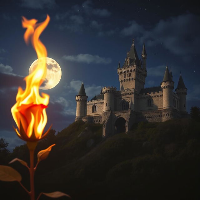 A burning rose with vibrant flames in the foreground, set against a grand castle illuminated by the glow of a full moon in the night sky