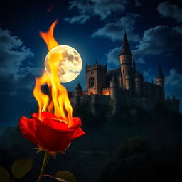 A burning rose with vibrant flames in the foreground, set against a grand castle illuminated by the glow of a full moon in the night sky