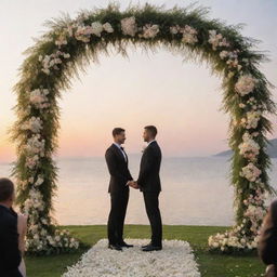 A picturesque wedding ceremony under a floral archway, with the adoring gaze of the ideal man, dressed impeccably in a sharp black suit. The backdrop is a stunning sunset over a peaceful outdoor location.