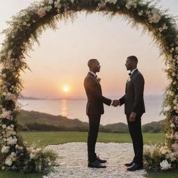 A picturesque wedding ceremony under a floral archway, with the adoring gaze of the ideal man, dressed impeccably in a sharp black suit. The backdrop is a stunning sunset over a peaceful outdoor location.