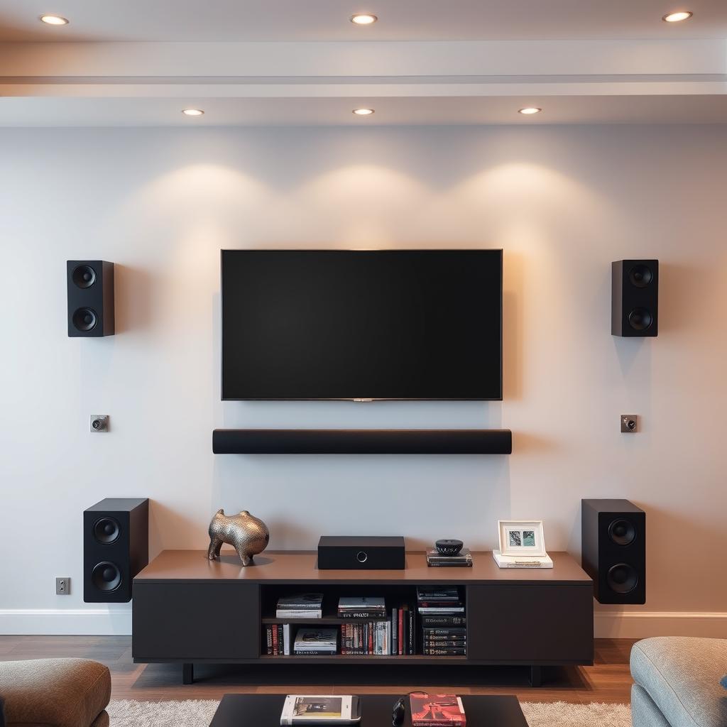 A large modern living room showcasing an LCD television mounted on the wall