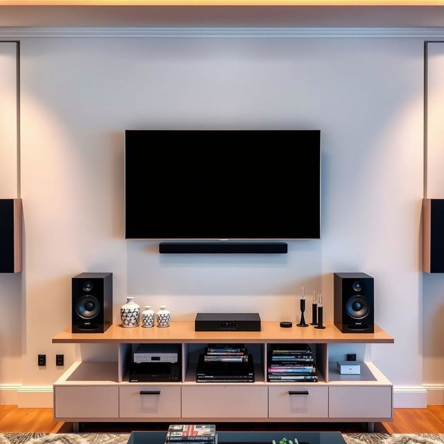 A large modern living room showcasing an LCD television mounted on the wall