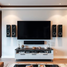 A large modern living room showcasing an LCD television mounted on the wall