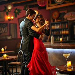 A couple engaged in a romantic dance scene, the woman wearing a flowing red dress and the man in a classic black suit, dancing with passion and elegance in a dimly lit cantina setting