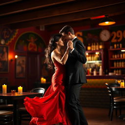 A couple engaged in a romantic dance scene, the woman wearing a flowing red dress and the man in a classic black suit, dancing with passion and elegance in a dimly lit cantina setting