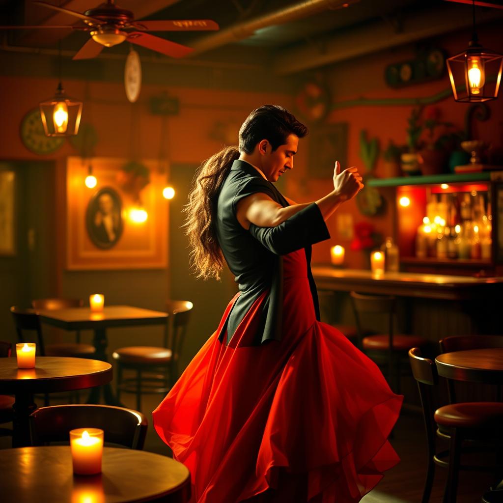 A couple engaged in a romantic dance scene, the woman wearing a flowing red dress and the man in a classic black suit, dancing with passion and elegance in a dimly lit cantina setting