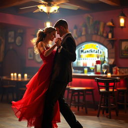 A couple engaged in a romantic dance scene, the woman wearing a flowing red dress and the man in a classic black suit, dancing with passion and elegance in a dimly lit cantina setting