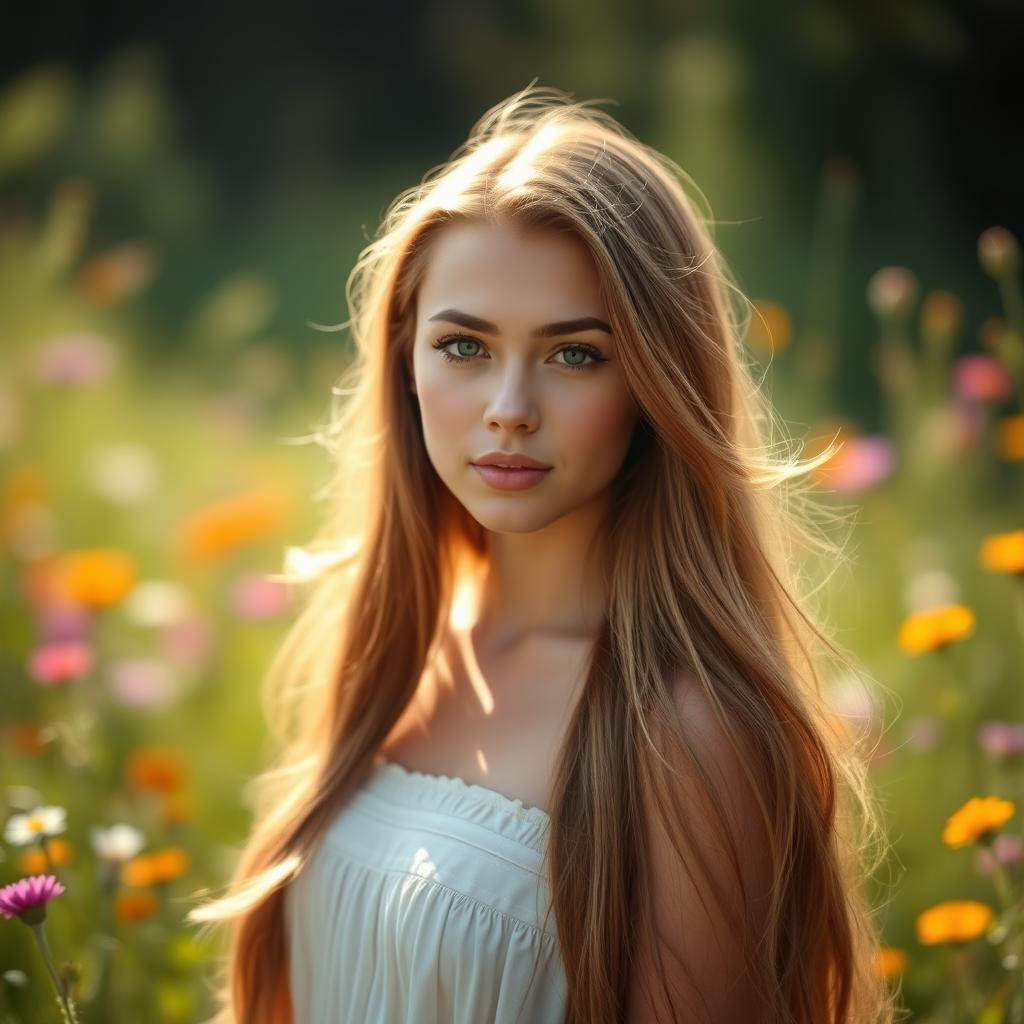 Portrait of a beautiful young woman with long flowing hair standing in a serene meadow, sunlight gently illuminating her features