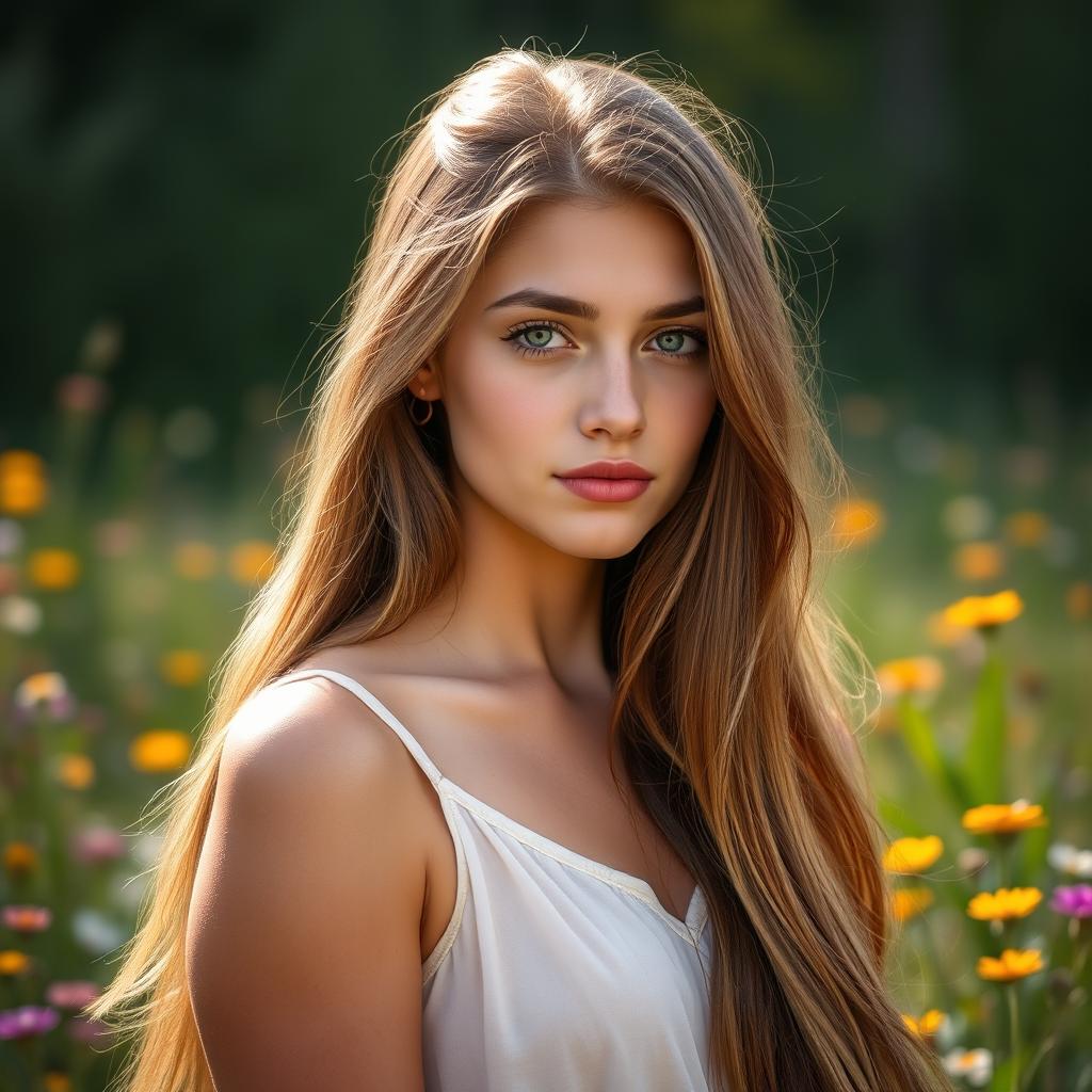 Portrait of a beautiful young woman with long flowing hair standing in a serene meadow, sunlight gently illuminating her features