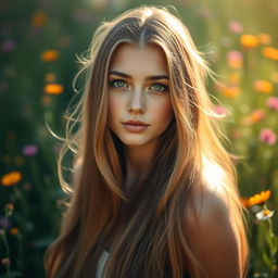 Portrait of a beautiful young woman with long flowing hair standing in a serene meadow, sunlight gently illuminating her features