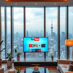 An LCD television screen displaying a vibrant YouTube interface in a luxurious Beijing city apartment