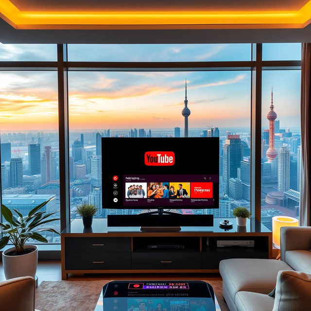 An LCD television screen displaying a vibrant YouTube interface in a luxurious Beijing city apartment