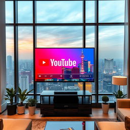 An LCD television screen displaying a vibrant YouTube interface in a luxurious Beijing city apartment