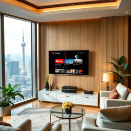 An LCD television screen displaying a vibrant YouTube interface in a luxurious Beijing city apartment