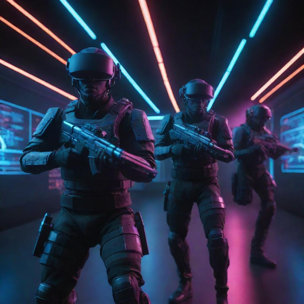 A captivating Cyber Strike VR experience, showing futuristic soldiers wielding advanced weaponry in a digital world filled with neon grids, cascading data streams, and pulsating lights.