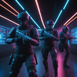 A captivating Cyber Strike VR experience, showing futuristic soldiers wielding advanced weaponry in a digital world filled with neon grids, cascading data streams, and pulsating lights.