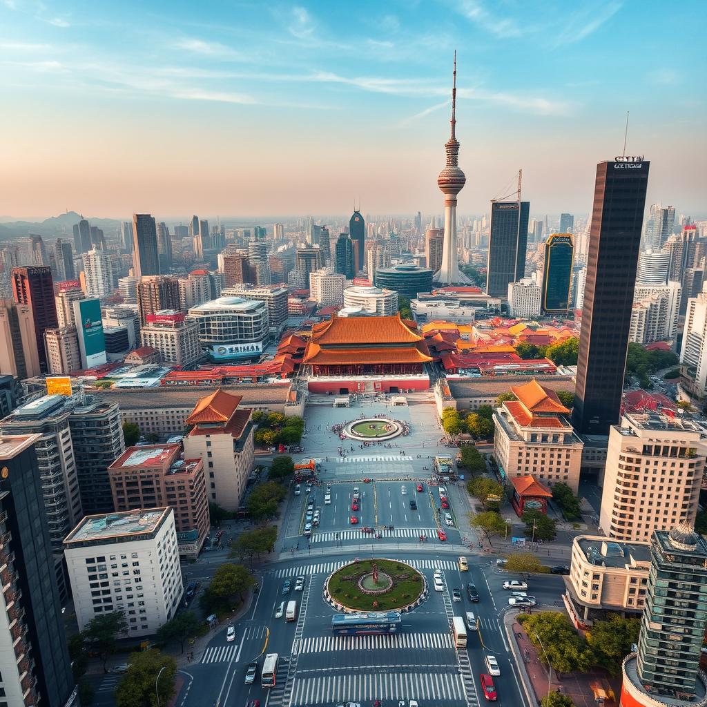 An aerial view of Beijing city, capturing the bustling metropolitan atmosphere with a stunning panorama of its urban landscape