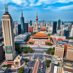 An aerial view of Beijing city, capturing the bustling metropolitan atmosphere with a stunning panorama of its urban landscape