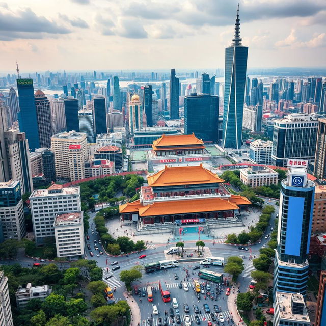 An aerial view of Beijing city, capturing the bustling metropolitan atmosphere with a stunning panorama of its urban landscape