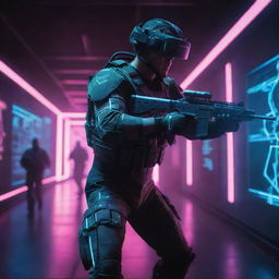 A captivating Cyber Strike VR experience, showing futuristic soldiers wielding advanced weaponry in a digital world filled with neon grids, cascading data streams, and pulsating lights.