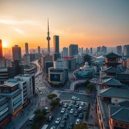 A dynamic aerial view of a bustling Korean city, capturing the vibrant blend of modern skyscrapers and traditional Korean architecture