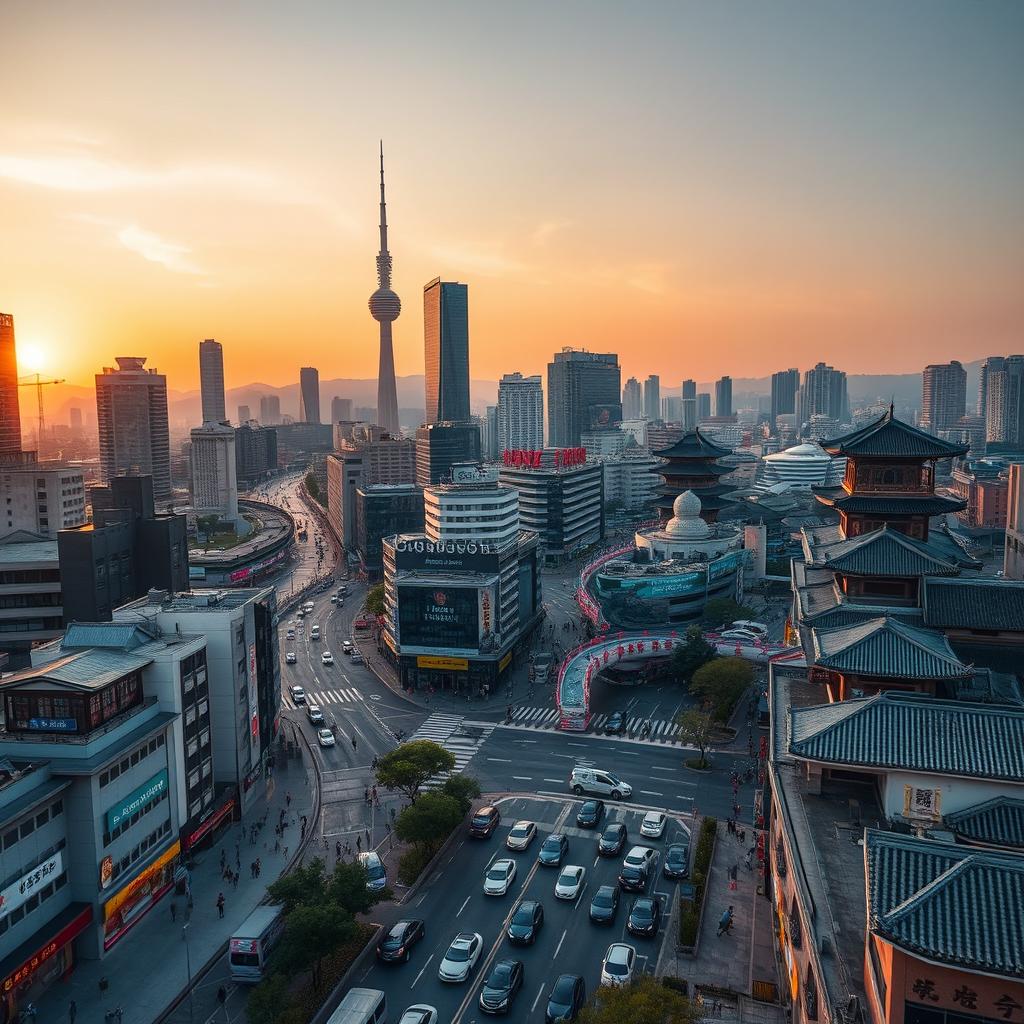 A dynamic aerial view of a bustling Korean city, capturing the vibrant blend of modern skyscrapers and traditional Korean architecture