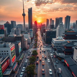 A dynamic aerial view of a bustling Korean city, capturing the vibrant blend of modern skyscrapers and traditional Korean architecture